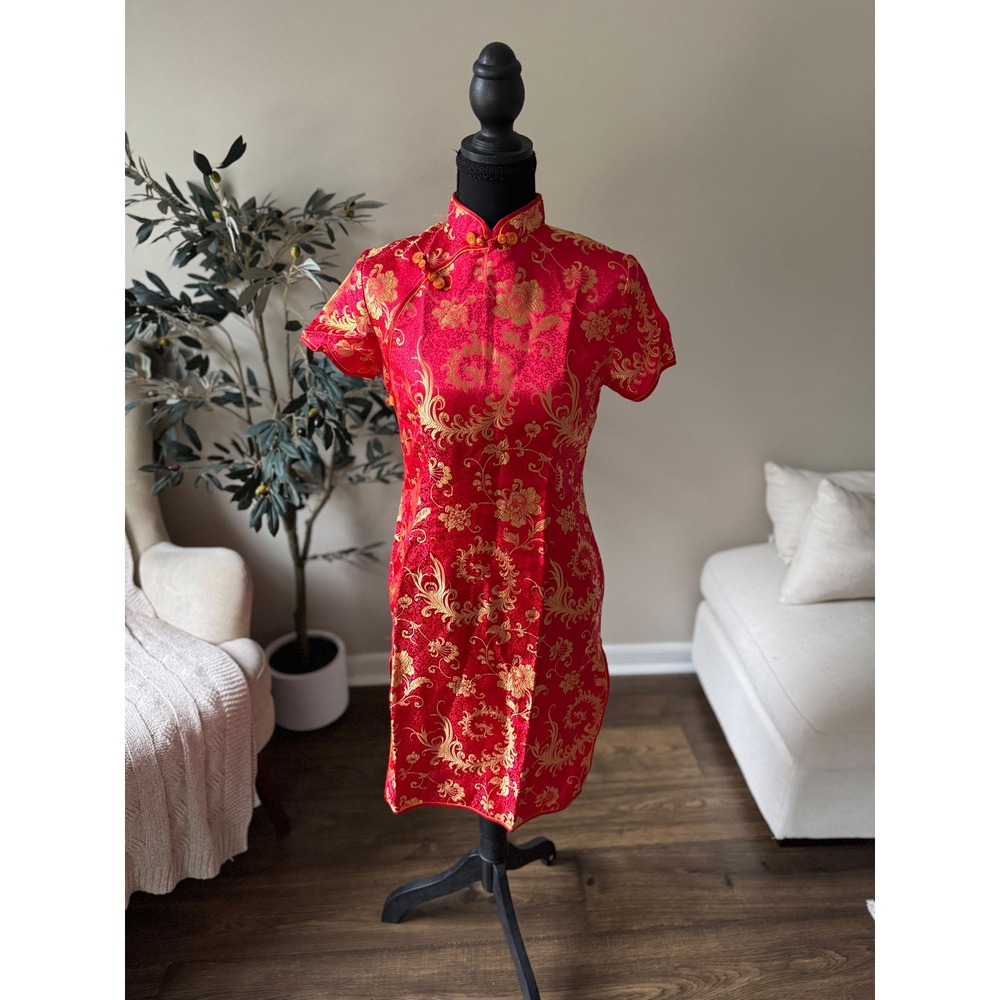 Red Gold Brocade Cheongsam Qipao Dress Mandarin Collar Floral Short Sleeve